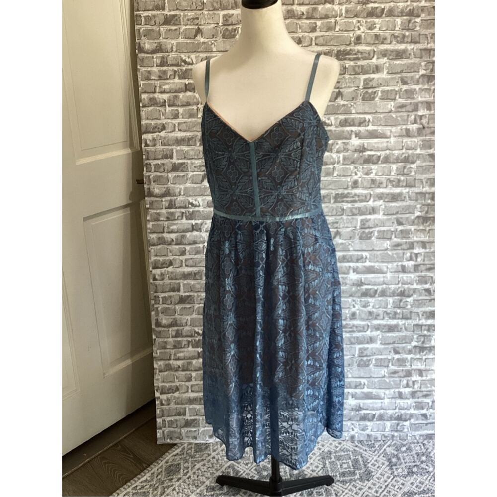 Devlin Navy Floral Lace Midi Slip Dress Womens L, Adjustable Straps, Elegant